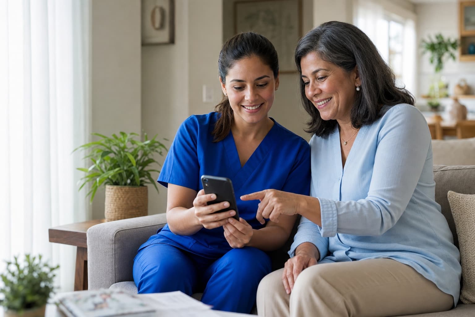 Enfermeira domiciliar usando o aplicativo com uma paciente